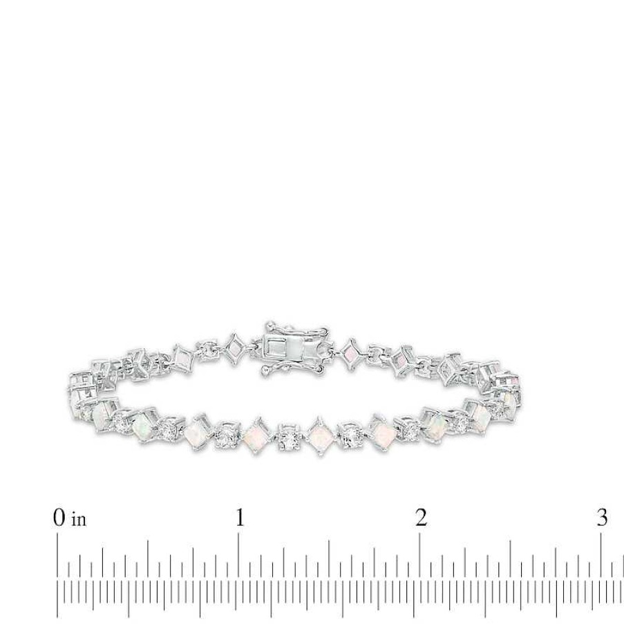 Bracelets Zales | Alternating Princess-Cut Lab-Created Opal And White Sapphire Line Bracelet In Sterling Silver - 7.25"