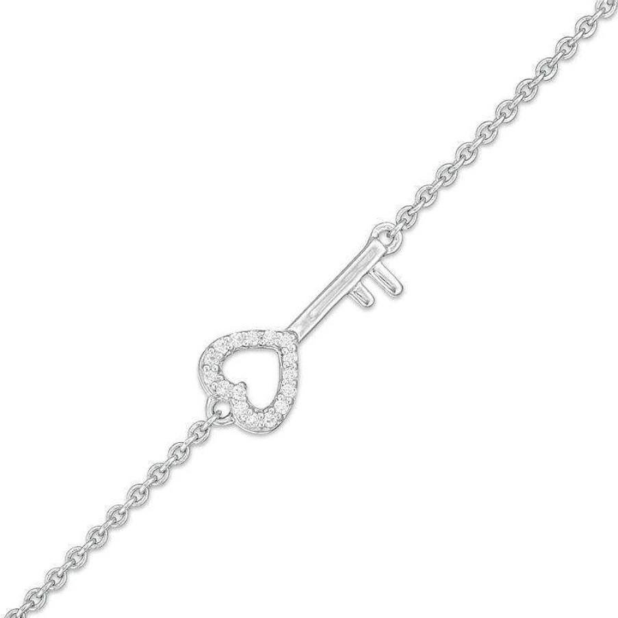 Bracelets Zales | 1/20 Ct. T.W. Diamond Sideways Heart-Top Key Anklet In Sterling Silver - 10"