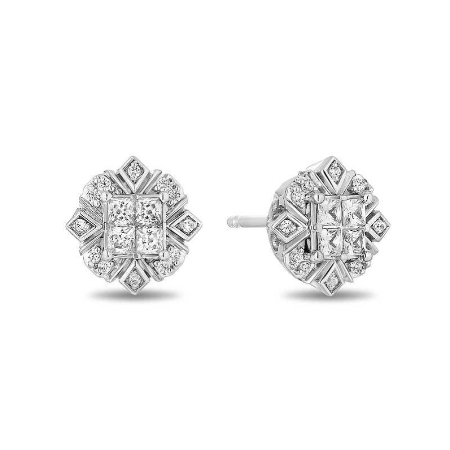 Earrings Zales | Enchanted Disney Elsa 1/2 Ct. T.W. Quad Princess-Cut Diamond Frame Snowflake Stud Earrings In Sterling Silver