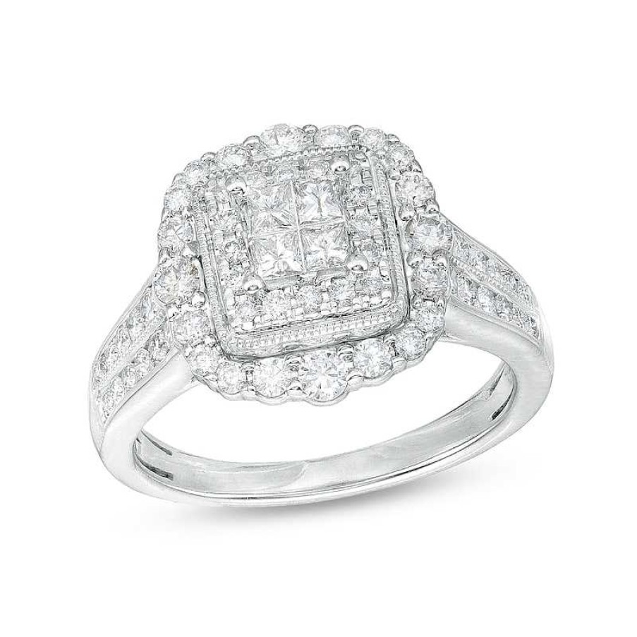 Rings Zales | 1 Ct. T.W. Quad Princess-Cut Diamond Double Frame Vintage-Style Engagement Ring In 14K White Gold (I/I2)