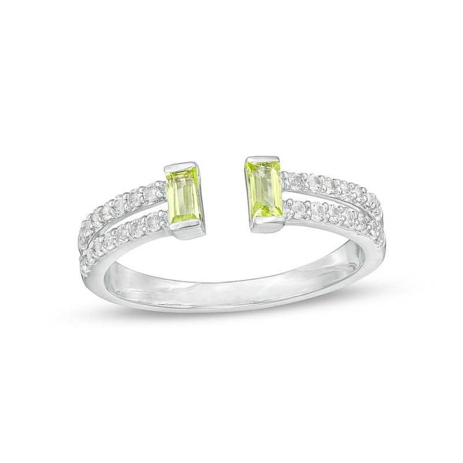 Rings Zales | Baguette Peridot And White Lab-Created Sapphire Open Shank Ring In Sterling Silver - Size 7