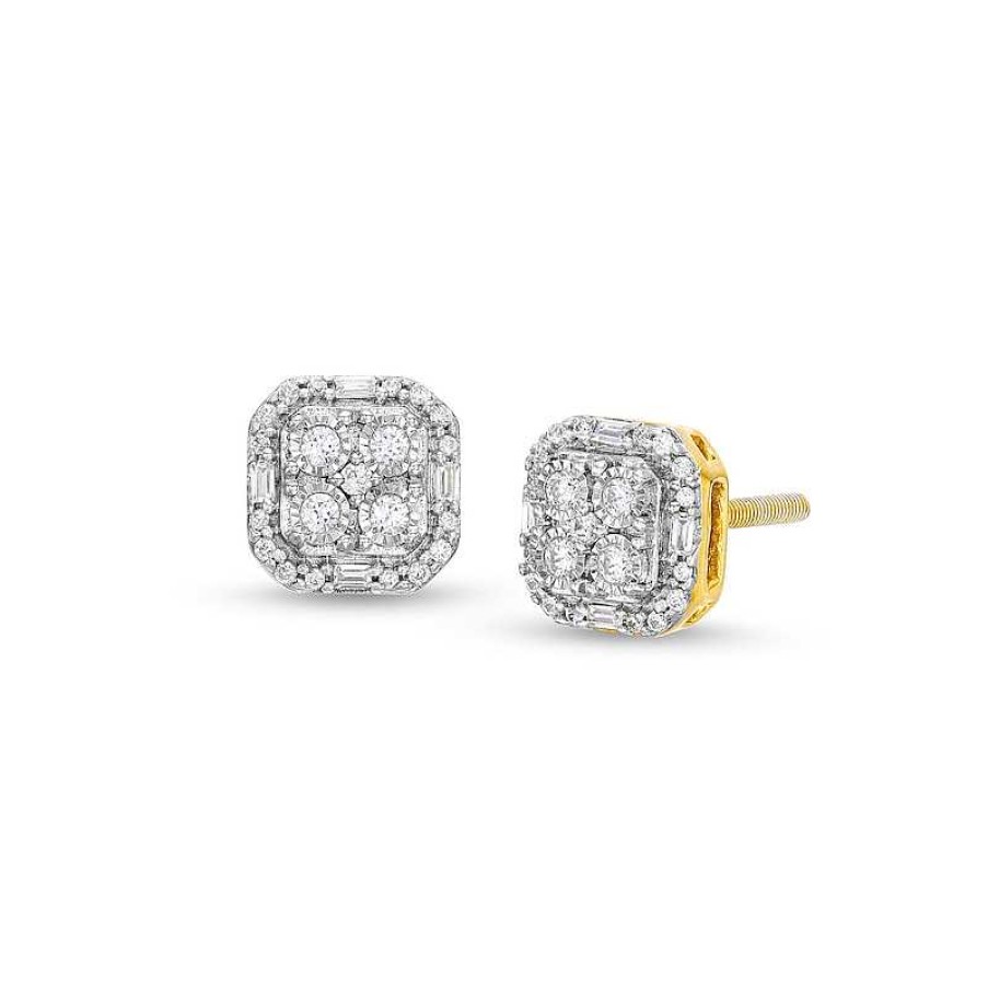 Earrings Zales | Men'S 1/4 Ct. T.W. Cushion Multi-Diamond Octagon Frame Stud Earrings In 10K Gold