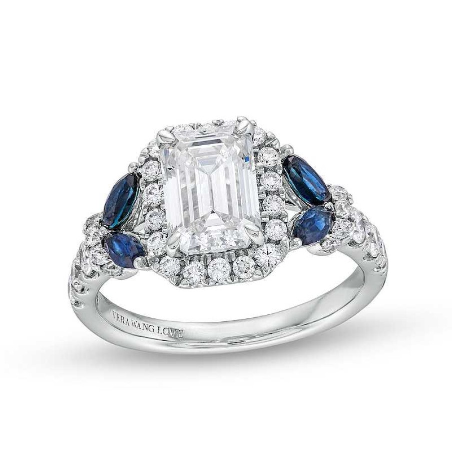 Rings Zales | True Lab-Created Diamonds By Vera Wang Love 2 Ct. T.W. Diamond And Sapphire Floral Engagement Ring In 14K White Gold