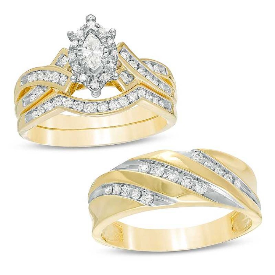 Rings Zales | 5/8 Ct. T.W. Marquise Diamond Frame Wedding Ensemble In 10K Two-Tone Gold - Size 7 And 10