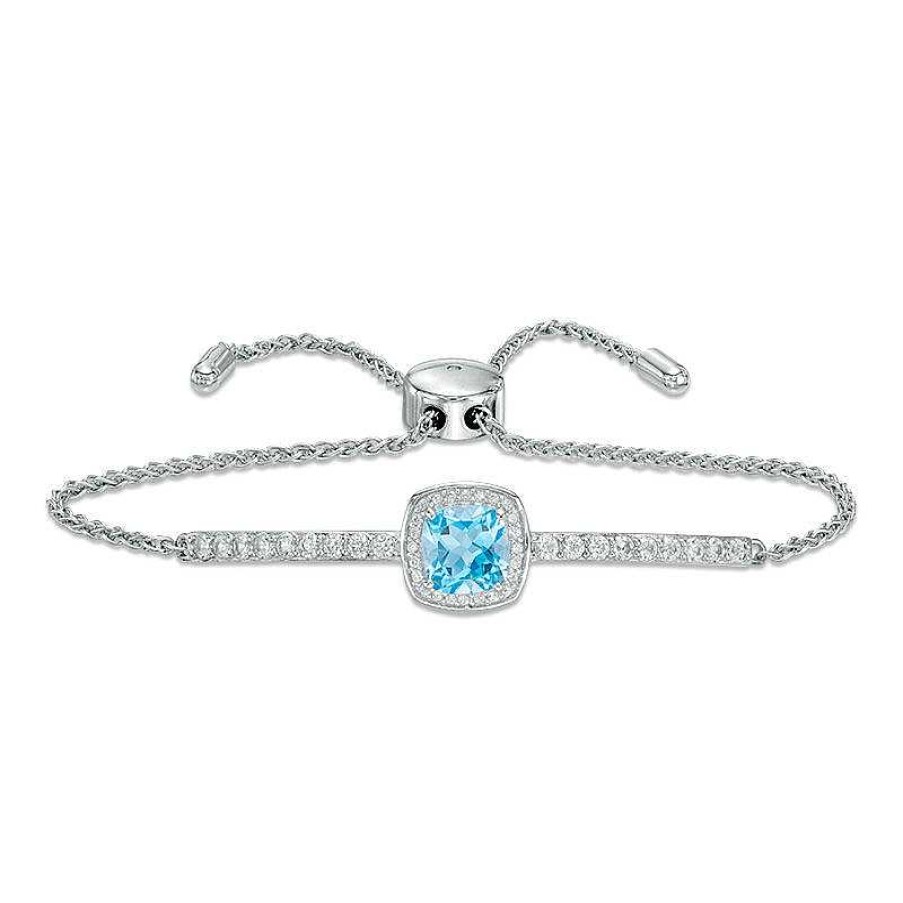 Bracelets Zales | 7.0Mm Cushion-Cut Swiss Blue Topaz And Lab-Created White Sapphire Frame Bolo Bracelet In Sterling Silver - 9.0"