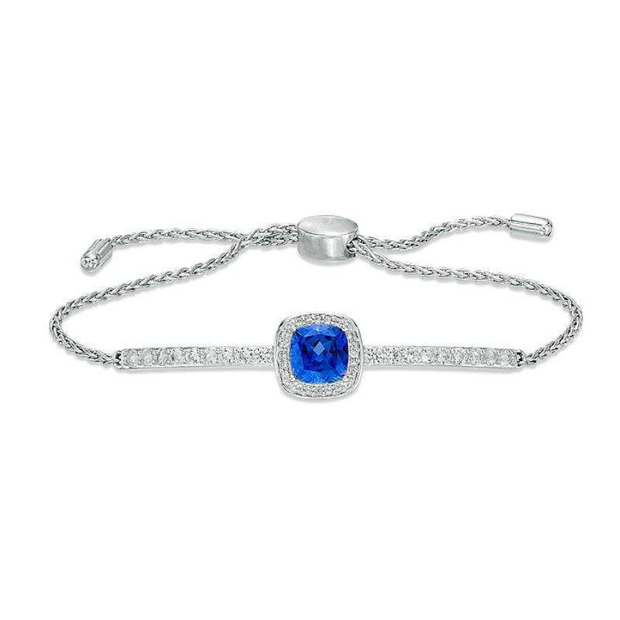 Bracelets Zales | 7.0Mm Cushion-Cut Lab-Created Blue And White Sapphire Frame Bolo Bracelet In Sterling Silver - 9.0"