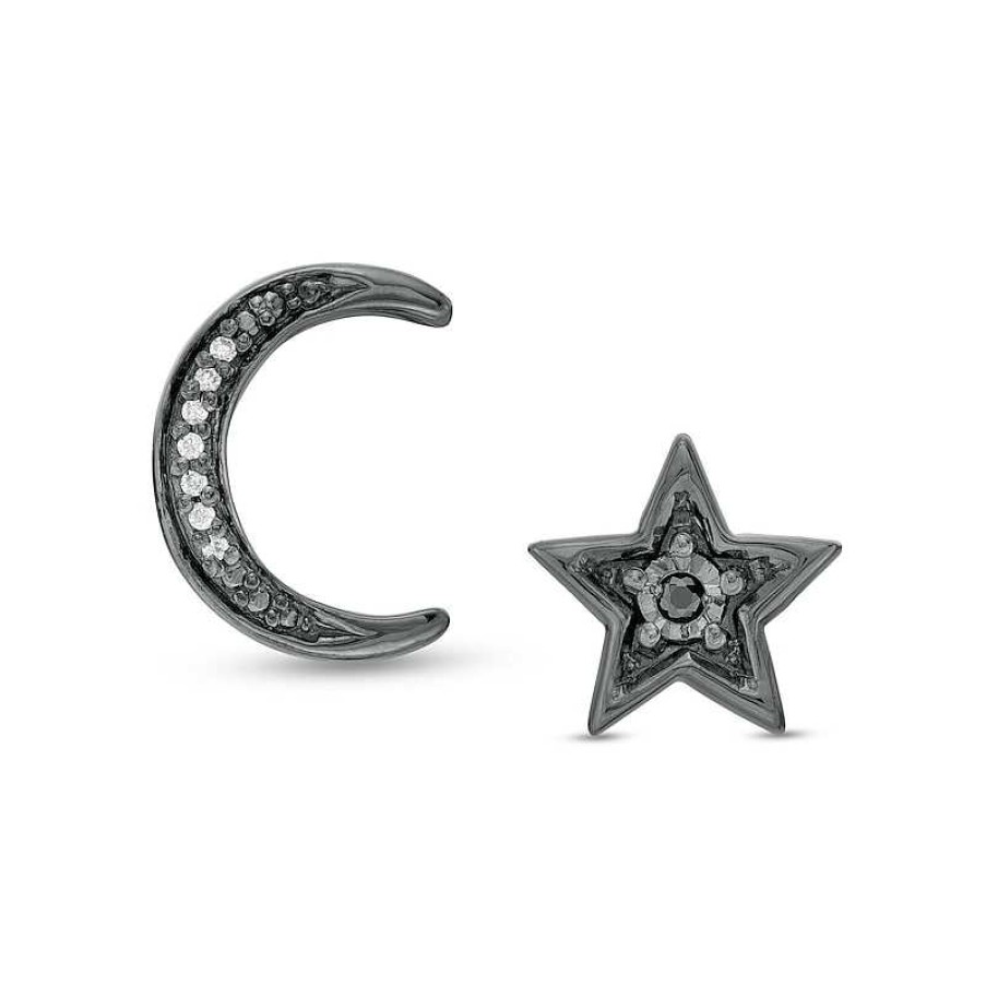 Earrings Zales | Enhanced Black And White Diamond Accent Moon And Star Mismatch Stud Earrings In Sterling Silver With Black Rhodium