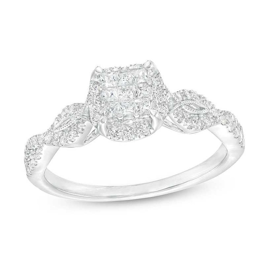 Rings Zales | 3/8 Ct. T.W. Princess-Cut Multi-Diamond Frame Vintage-Style Engagement Ring In 10K White Gold