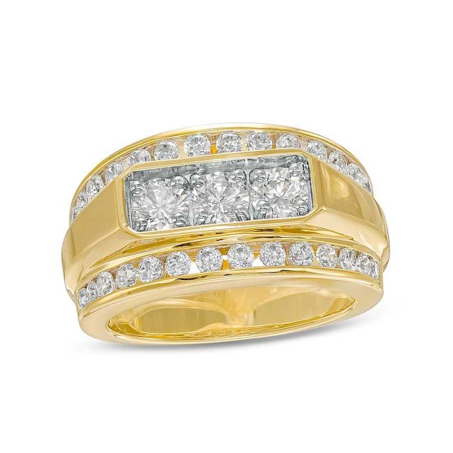 Rings Zales | Men'S 2 Ct. T.W. Certified Lab-Created Diamond Border Three Stone Ring In 14K Gold (F/Si2)