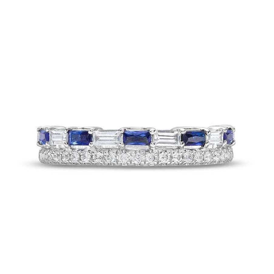 Rings Zales | Vera Wang Love Collection 3/8 Ct. T.W. Diamond And Blue Sapphire Stacked Band In 14K White Gold