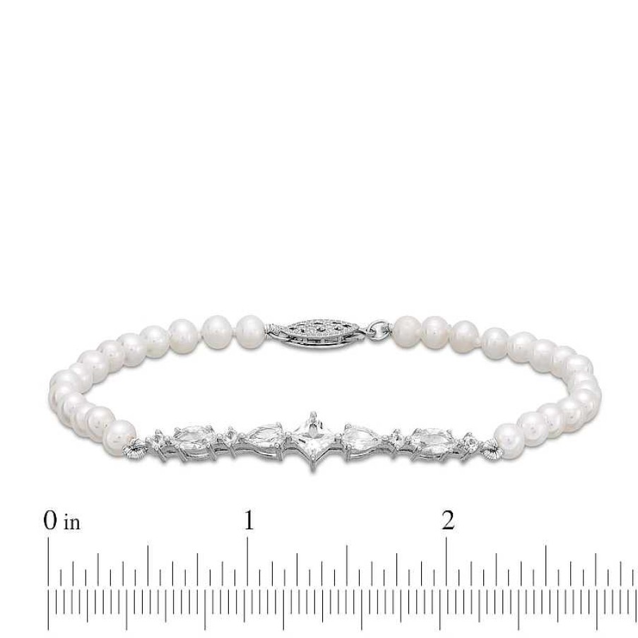 Bracelets Zales | 4 X 5.0Mm Cultured Freshwater Pearl And White Lab-Created Sapphire Bracelet In Sterling Silver