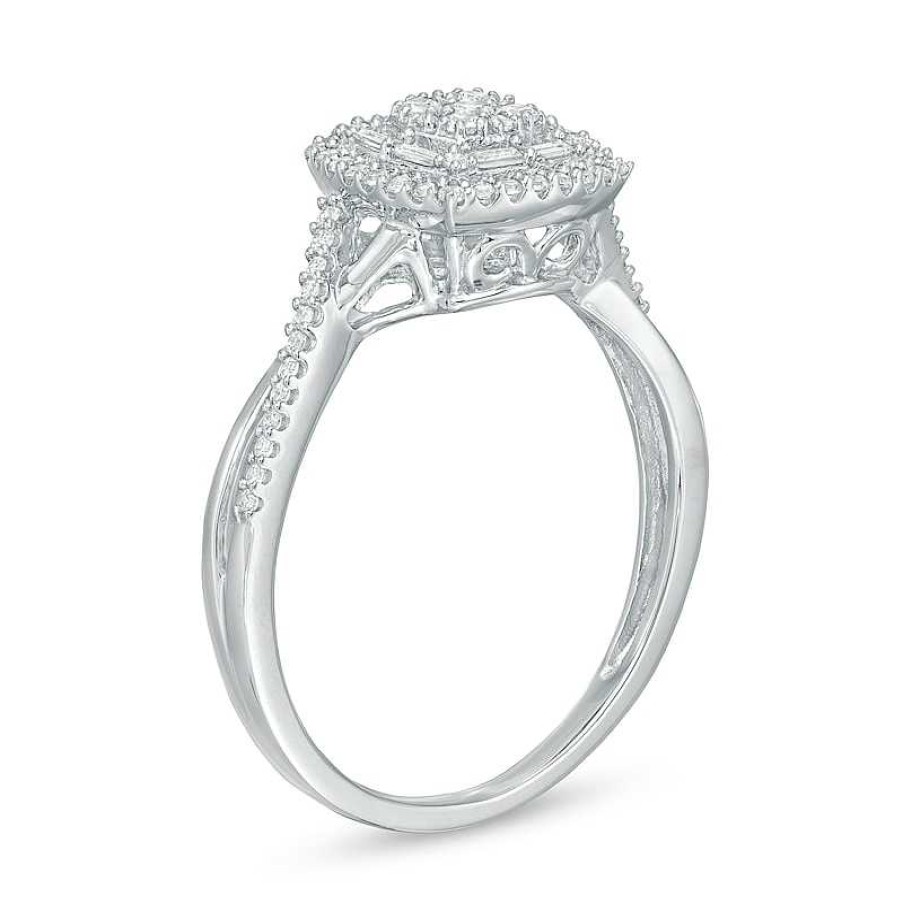 Rings Zales | 1/3 Ct. T.W. Multi-Diamond Cushion Frame Crossover Shank Ring In 10K White Gold