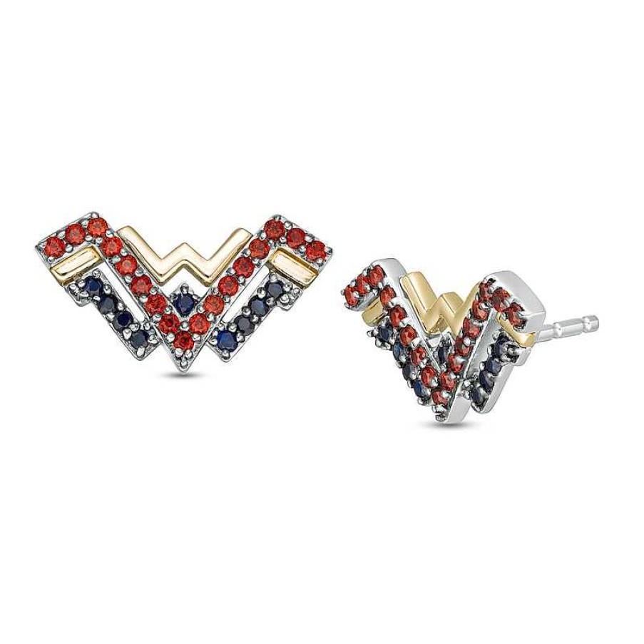 Earrings Zales | Wonder Woman™ Collection Garnet And Blue Sapphire Symbol Stud Earrings In Sterling Silver And 10K Gold