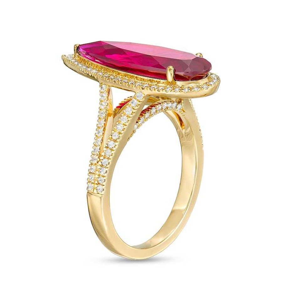 Rings Zales | Pear-Shaped Lab-Created Ruby And White Lab-Created Sapphire Frame Ring In Sterling Silver With 14K Gold Plate - Size 7