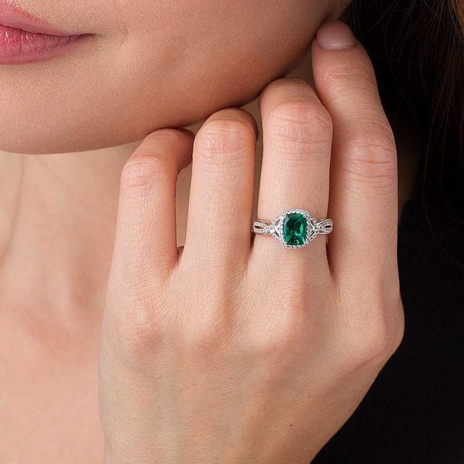 Rings Zales | Cushion-Cut Lab-Created Emerald And White Sapphire Frame Braided Shank Ring In Sterling Silver