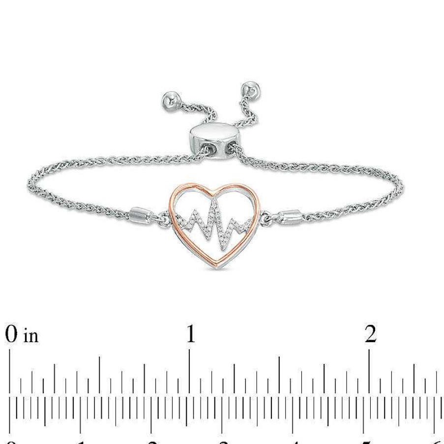 Bracelets Zales | 1/10 Ct. T.W. Diamond Heartbeat Bolo Bracelet In Sterling Silver And 10K Rose Gold - 9.5"