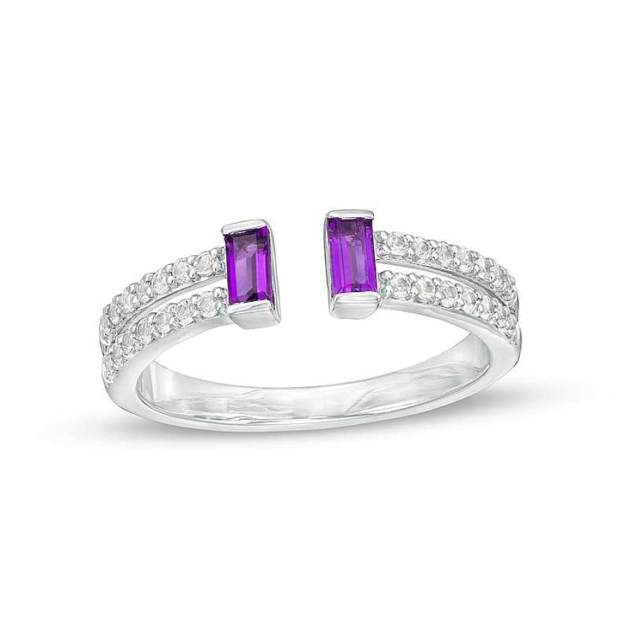 Rings Zales | Baguette Amethyst And White Lab-Created Sapphire Open Shank Ring In Sterling Silver - Size 7