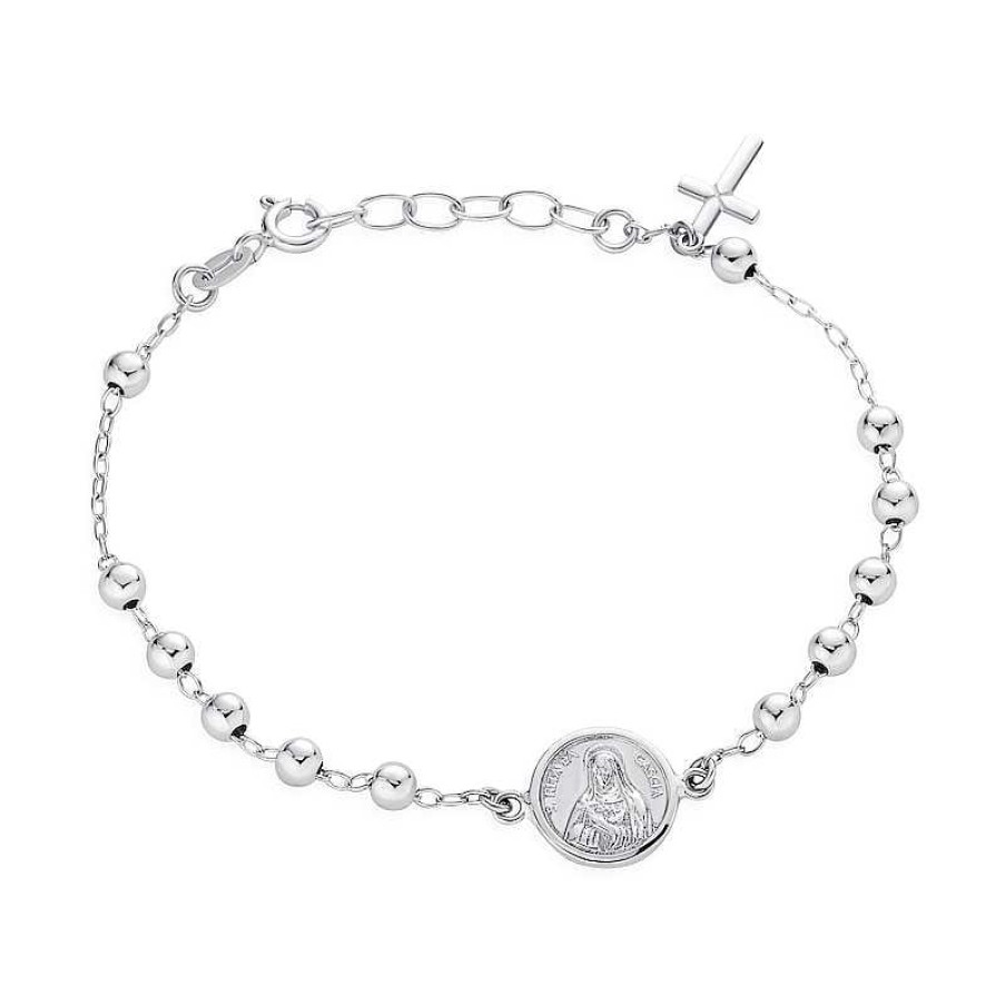 Bracelets Zales | Virgin Mary Medallion With Cross Charm Rosary Bracelet In Sterling Silver - 9.0"