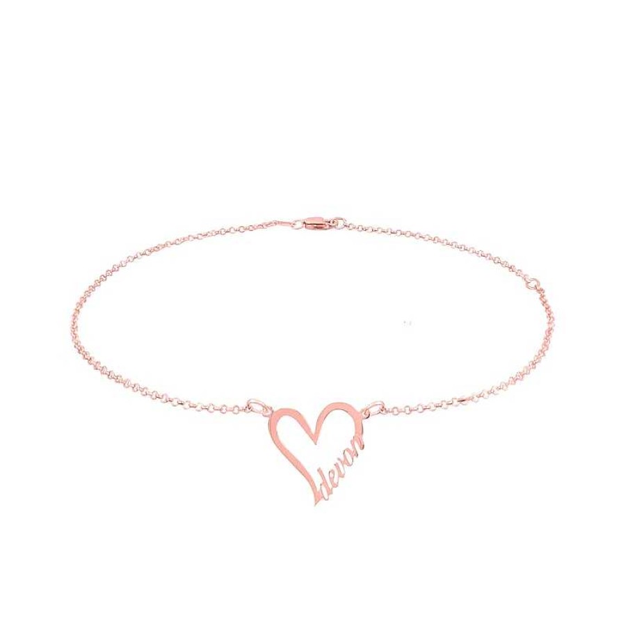 Bracelets Zales | Script Name Heart Outline Anklet In Sterling Silver With 14K Yellow Or Rose Gold Plate (1 Line) - 10"