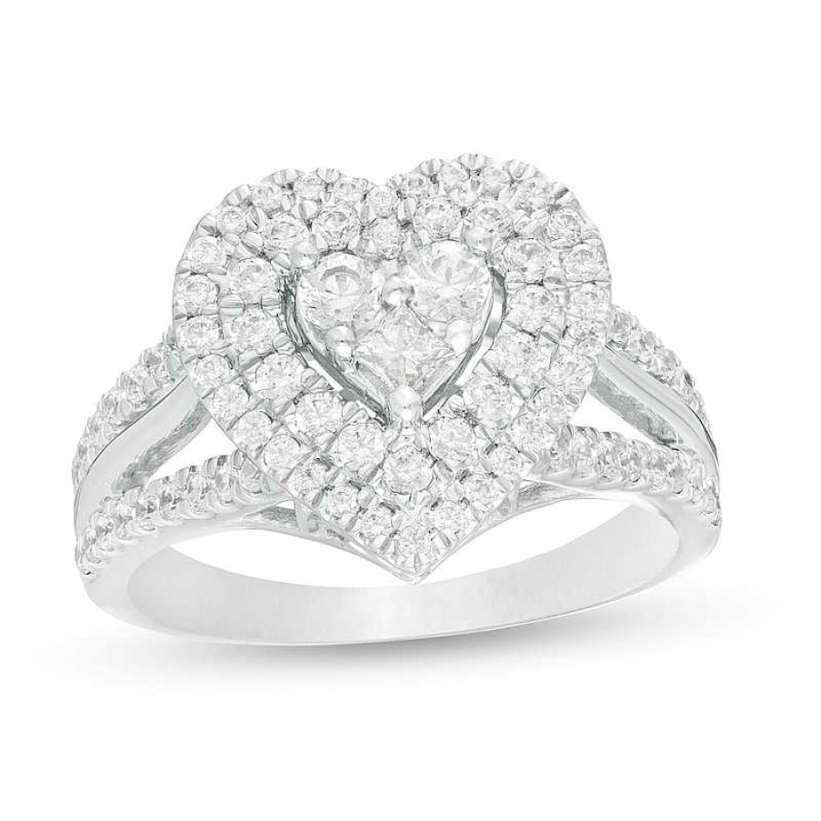 Rings Zales | 1 Ct. T.W. Heart-Shaped Multi-Diamond Double Frame Split Shank Ring In 10K White Gold