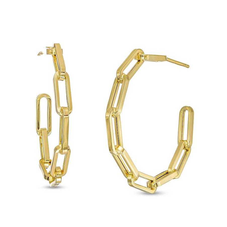 Earrings Zales | Multi-Finish Paper Clip Chain Link J-Hoop Earrings In 10K Gold