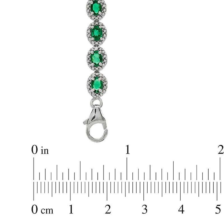 Bracelets Zales | Oval Lab-Created Emerald And Diamond Accent Frame Bracelet In Sterling Silver - 7.5"