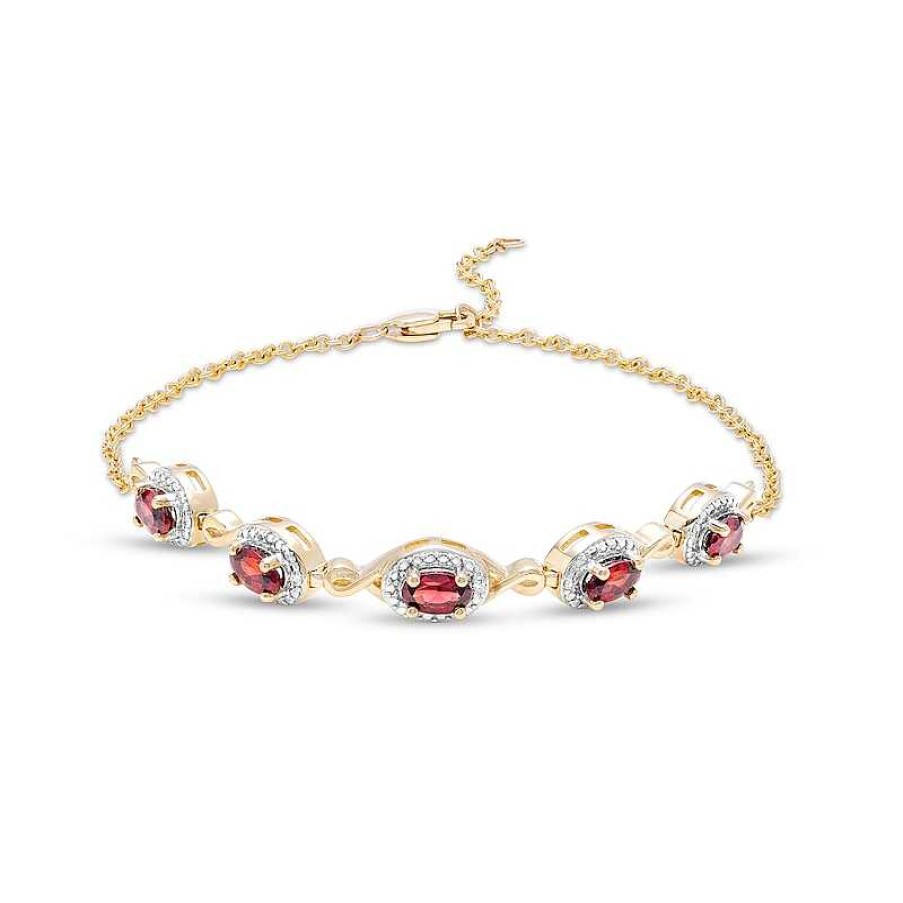 Bracelets Zales | Oval Garnet And Diamond Accent Twist Five Stone Bracelet In 10K Gold – 8.0"