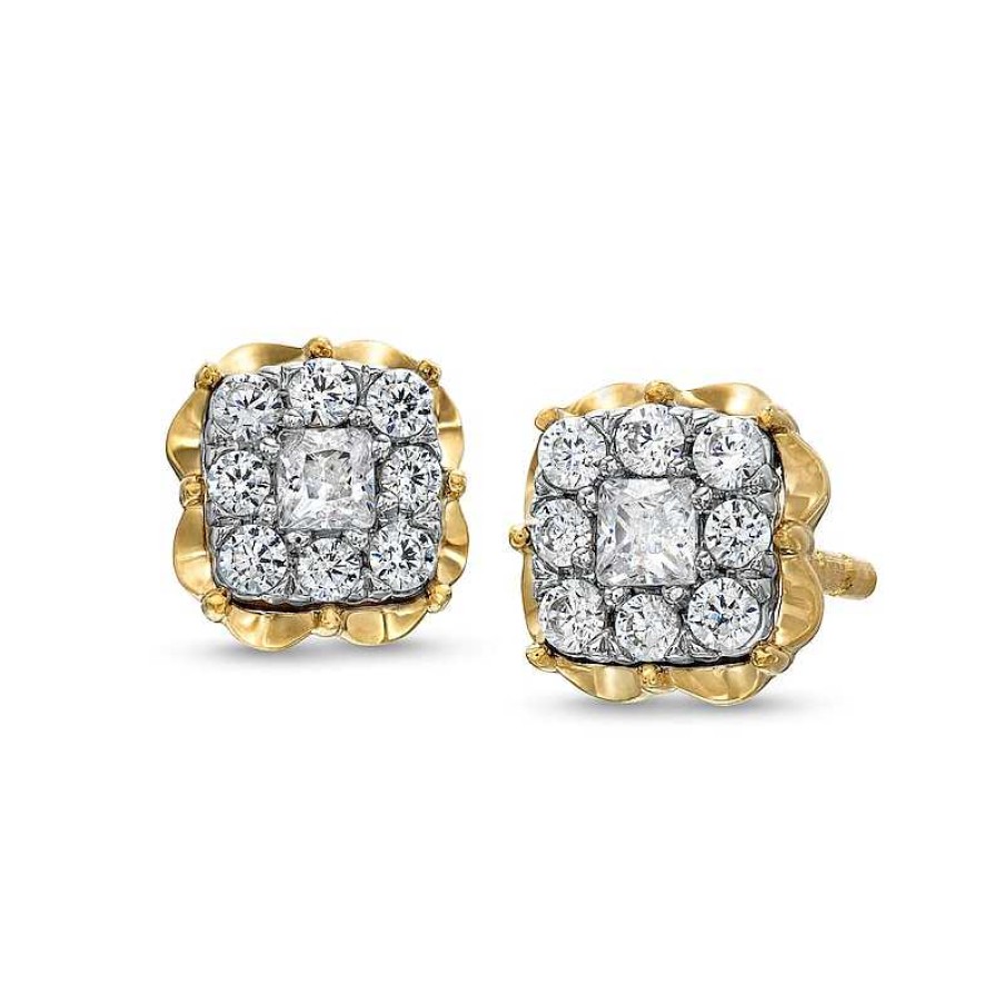 Earrings Zales | 1/4 Ct. T.W. Cushion Multi-Diamond Scallop Frame Stud Earrings In 10K Gold