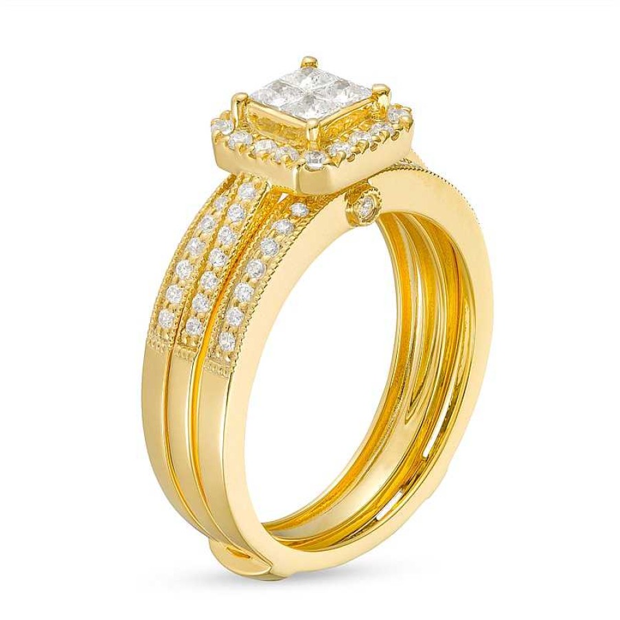 Rings Zales | 3/4 Ct. T.W. Quad Princess-Cut Diamond Frame Bridal Set In 10K Gold (I/I2)