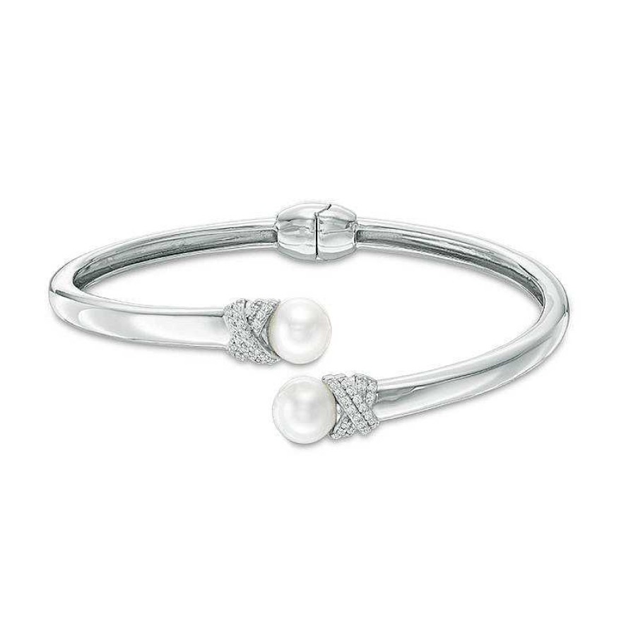 Bracelets Zales | 7.5Mm Cultured Freshwater Pearl And Lab-Created White Sapphire Hinged Bypass Bangle In Sterling Silver