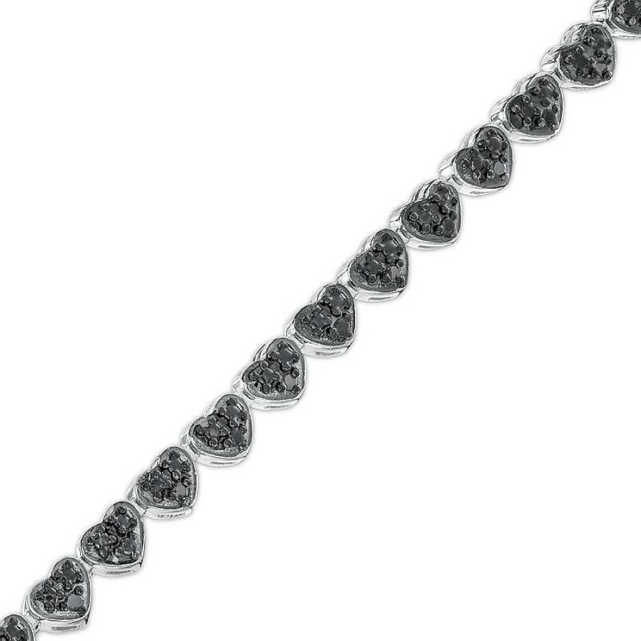 Bracelets Zales | 1/10 Ct. T.W. Black Diamond Beaded Hearts Link Line Bracelet In Sterling Silver And Black Resin - 7.25"