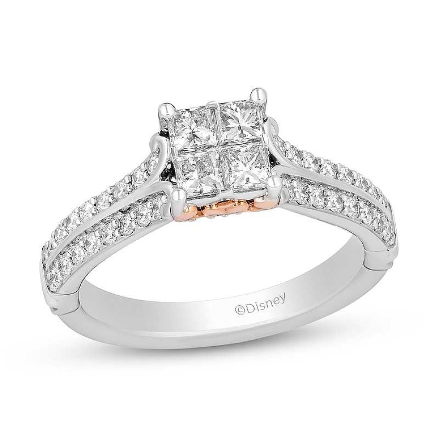 Rings Zales | Enchanted Disney 1 Ct. T.W. Quad Princess-Cut Diamond Double Row Engagement Ring In 14K Two-Tone Gold (I/I1)