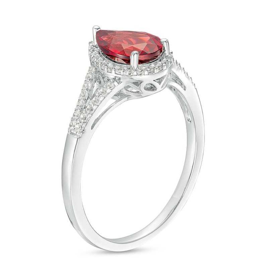 Rings Zales | Pear-Shaped Garnet And White Lab-Created Sapphire Frame Split Shank Ring In Sterling Silver