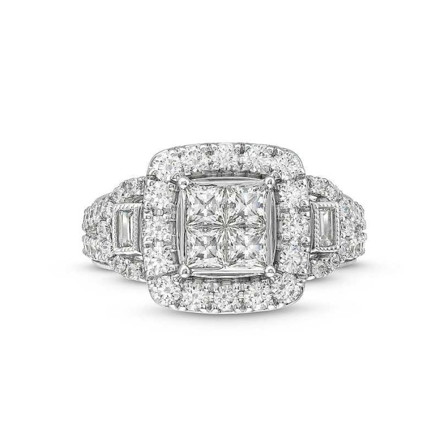 Rings Zales | 2 Ct. T.W. Quad Princess-Cut Diamond Cushion Frame Vintage-Style Three Stone Engagement Ring In 14K White Gold