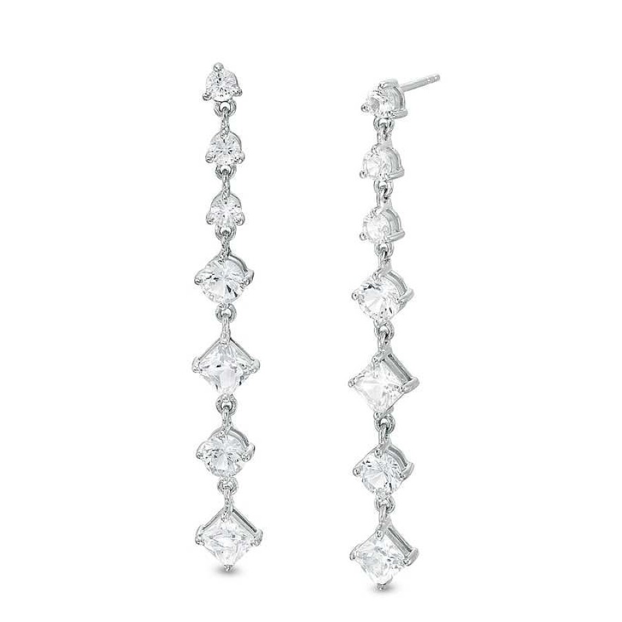 Earrings Zales | Princess-Cut And Round White Lab-Created Sapphire Alternating Drop Earrings In Sterling Silver