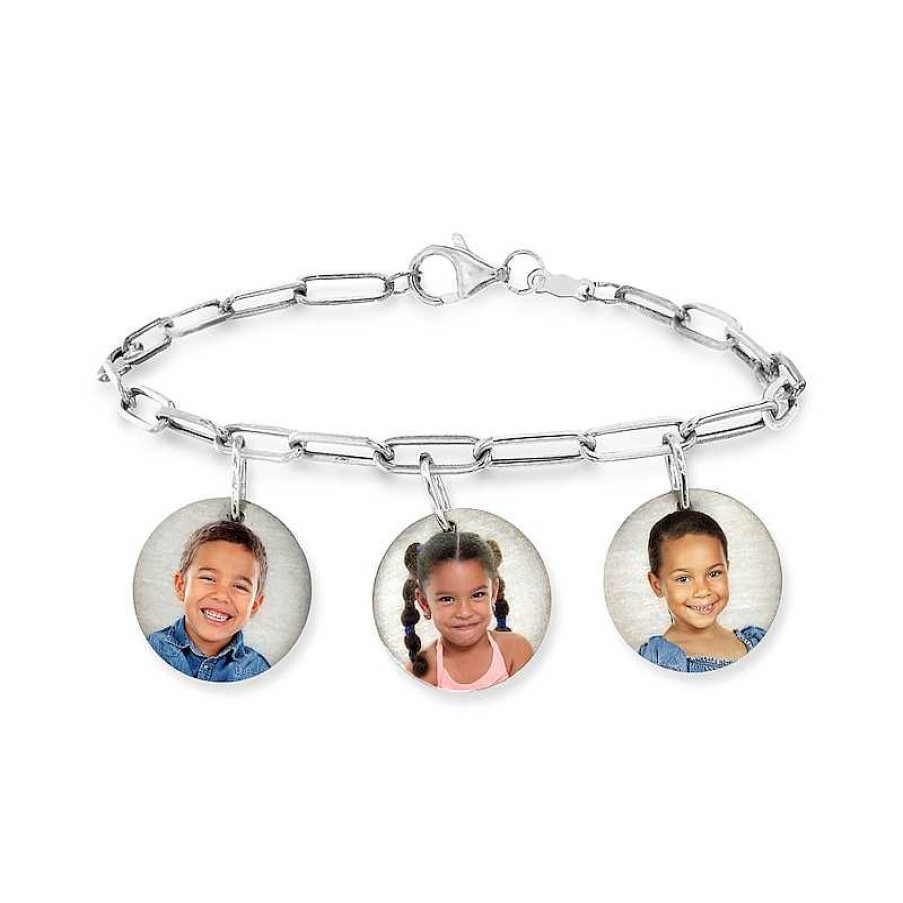 Bracelets Zales | Photo Disc Charm And Paper Clip Link Chain Bracelet In Sterling Silver (3 Charms And Images) - 7.5"