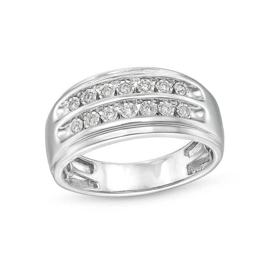 Rings Zales | Men'S 1/5 Ct. T.W. Diamond Double Row Wedding Band In 10K White Gold