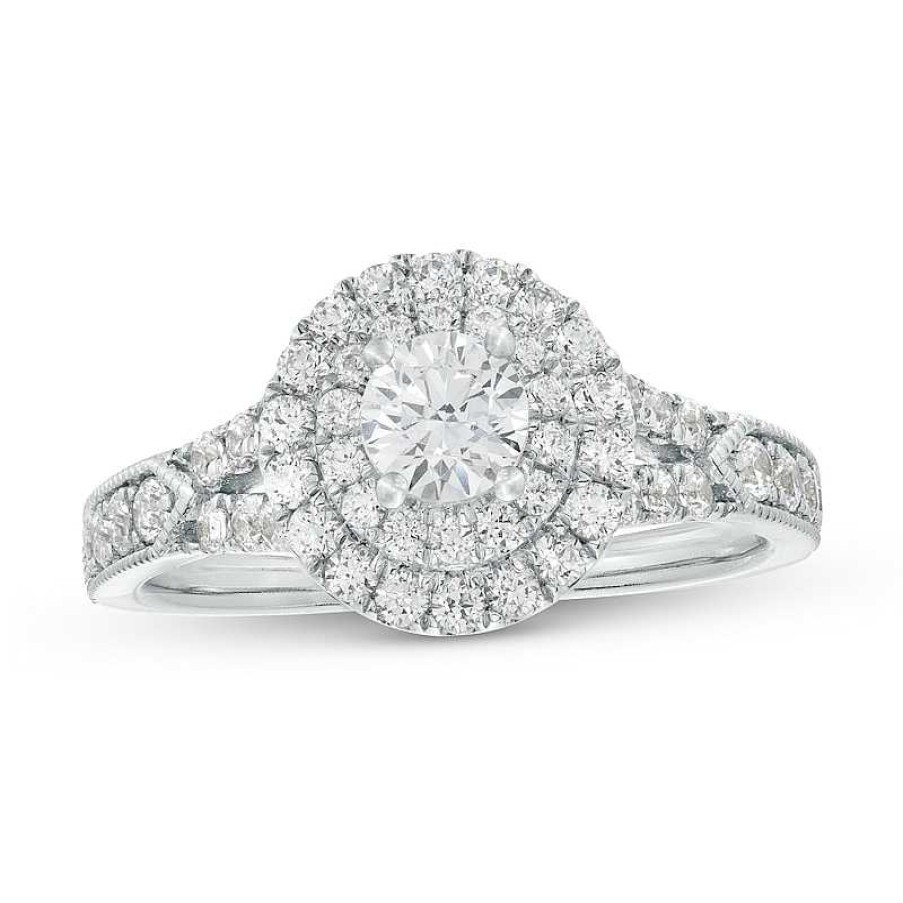 Rings Zales | 1 Ct. T.W. Certified Lab-Created Diamond Double Frame Vintage-Style Engagement Ring In 10K White Gold (F/Si2)