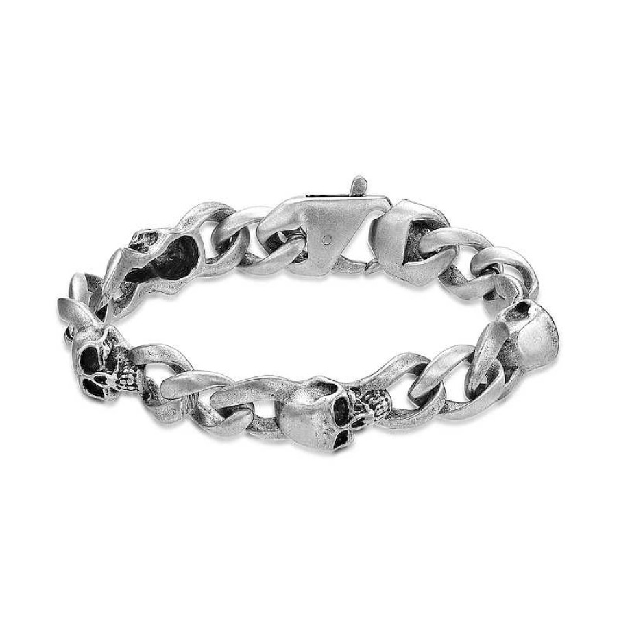 Bracelets Zales | Men'S 12.0Mm Grey Skull Antique-Finish Link Bracelet In Stainless Steel - 8.5"