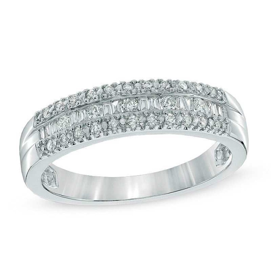 Rings Zales | 1/4 Ct. T.W. Baguette And Round Diamond Band In 10K White Gold