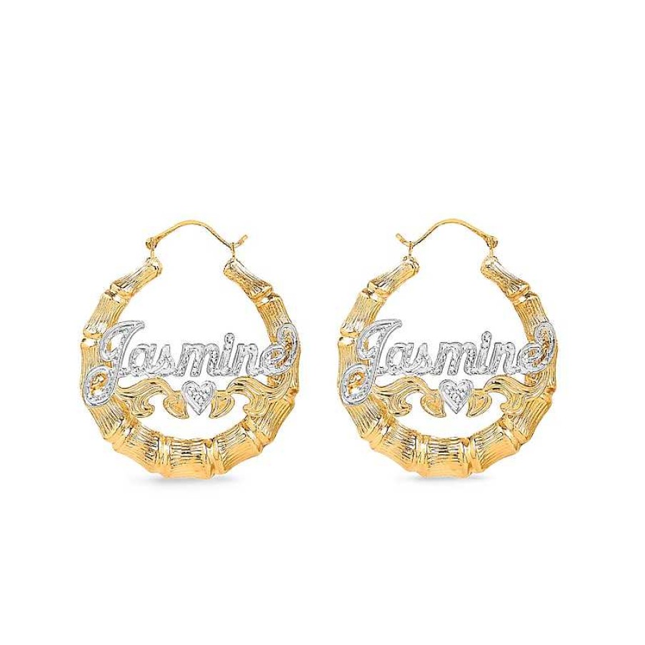 Earrings Zales | Two-Tone Bamboo Name Hoop Earrings In Sterling Silver With 24K Gold Plate (10 Characters)