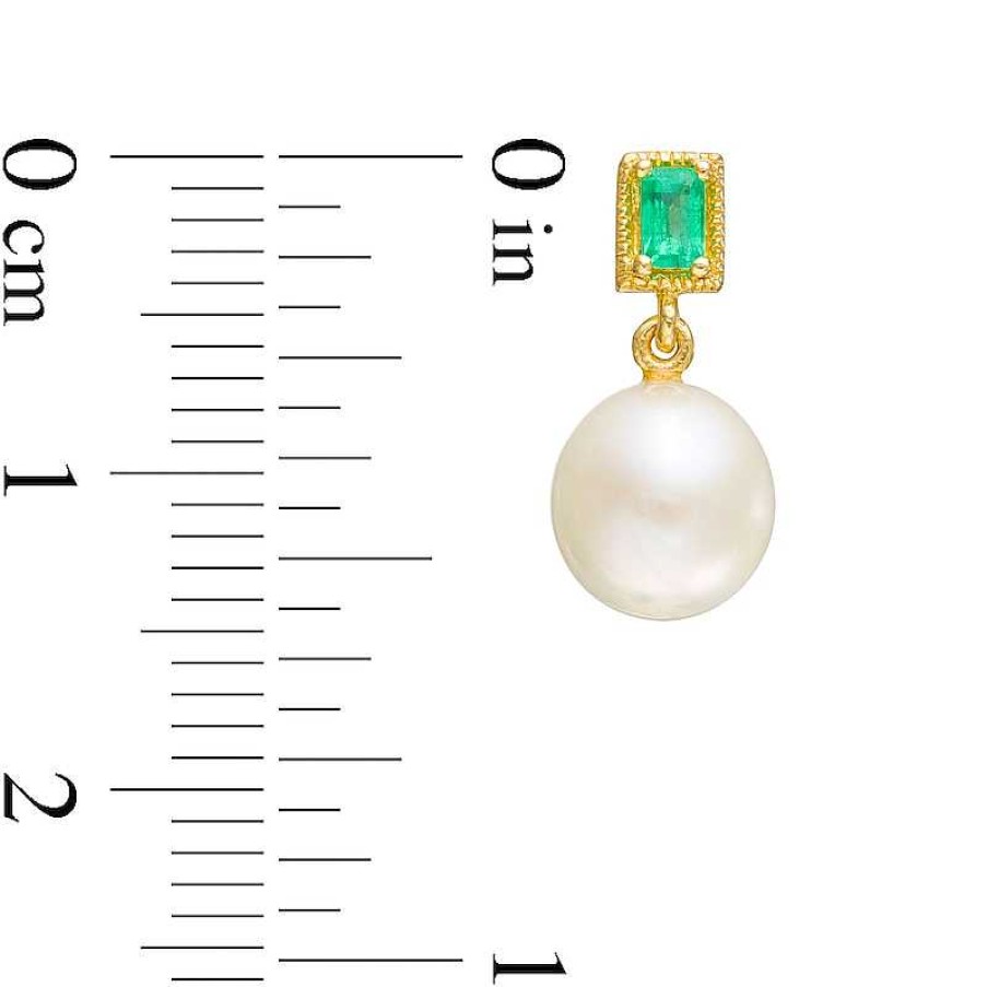 Earrings Zales | 7.0Mm Cultured Freshwater Pearl And Baguette Emerald Vintage-Style Drop Earrings In 10K Gold