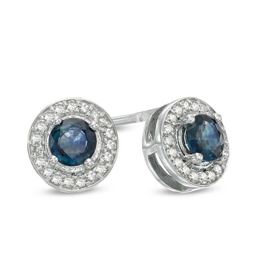 Earrings Zales | 4.0Mm Blue Sapphire And 1/10 Ct. T.W. Diamond Frame Stud Earrings In 10K White Gold