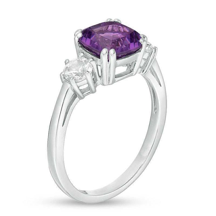 Rings Zales | 8.0Mm Cushion-Cut Amethyst And 4.0Mm Lab-Created White Sapphire Three Stone Ring In Sterling Silver