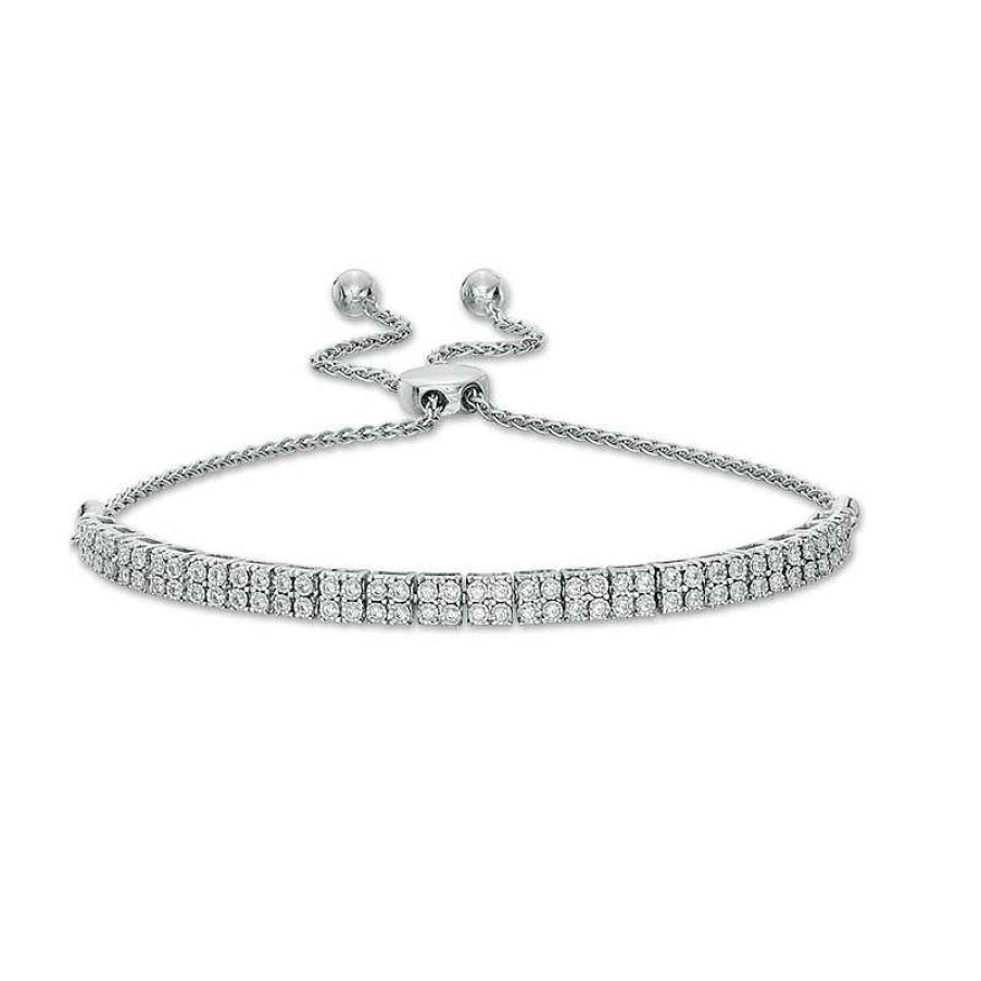 Bracelets Zales | Previously Owned - 1/3 Ct. T.W. Diamond Double Row Bolo Bracelet In 10K White Gold - 10"