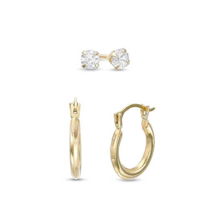 Earrings Zales | Child'S Cubic Zirconia Solitaire Stud And Tube Hoop Earrings Set In 14K Gold