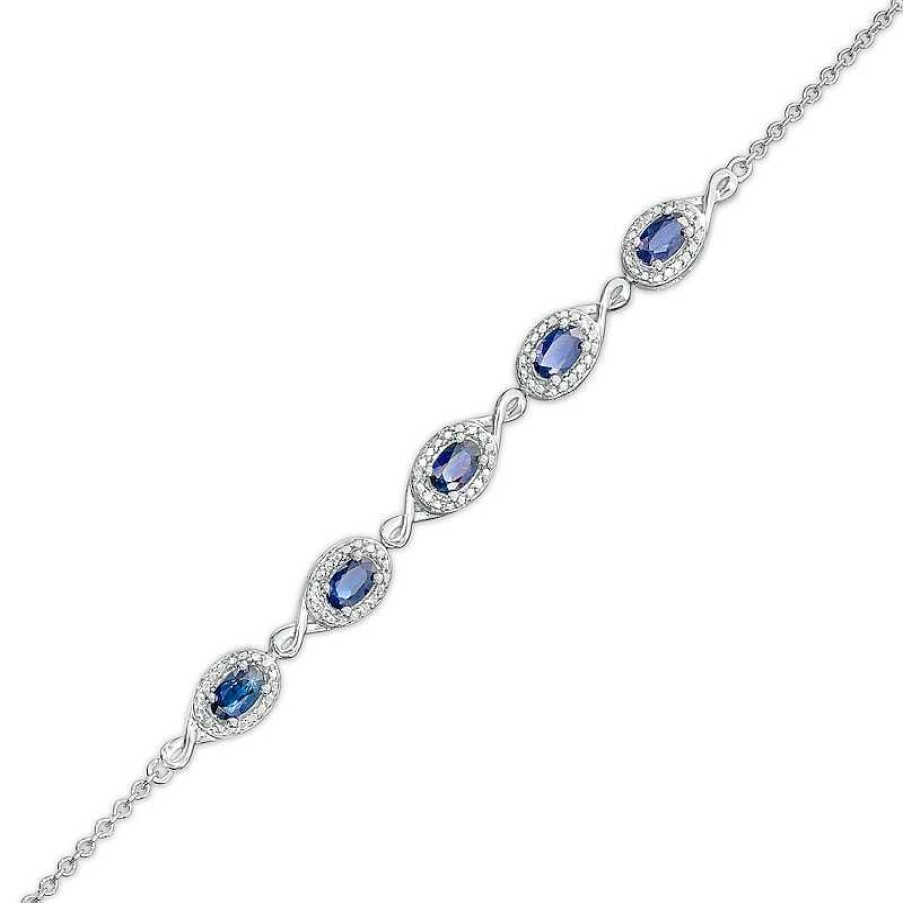 Bracelets Zales | Oval Blue Sapphire And Diamond Accent Twist Five Stone Bracelet In 10K White Gold – 8.0"