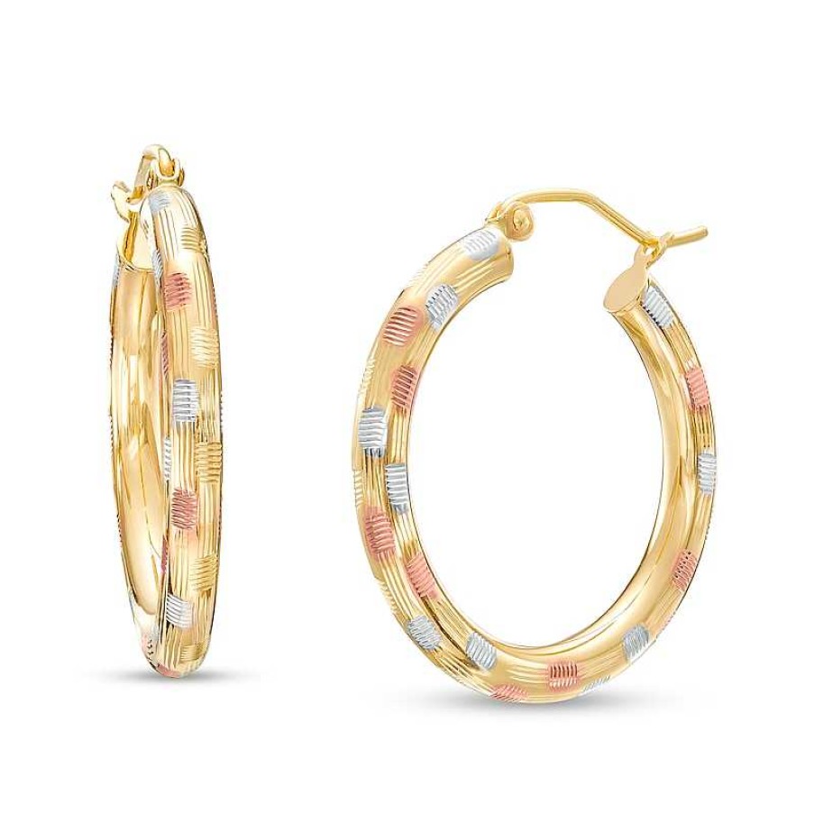 Earrings Zales | 25.0Mm Diamond-Cut Polka-Dot Tube Hoop Earrings In 14K Gold