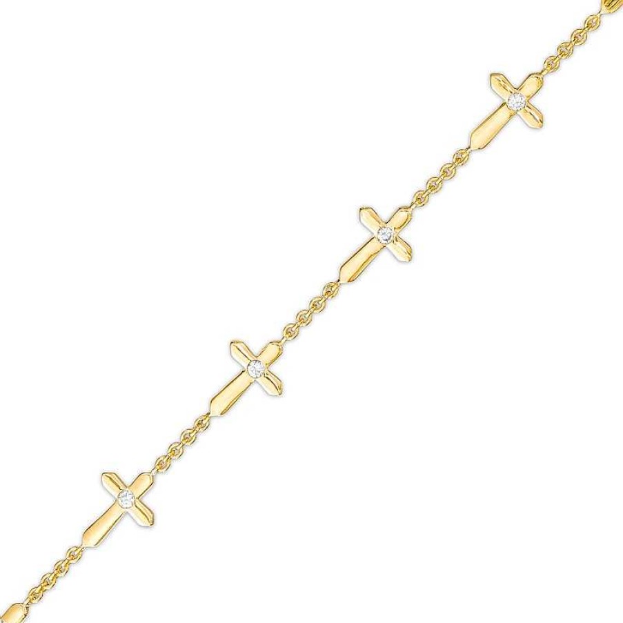 Bracelets Zales | 1/8 Ct. T.W. Diamond Sideways Gothic-Style Cross Station Bracelet In 10K Gold – 7.25"