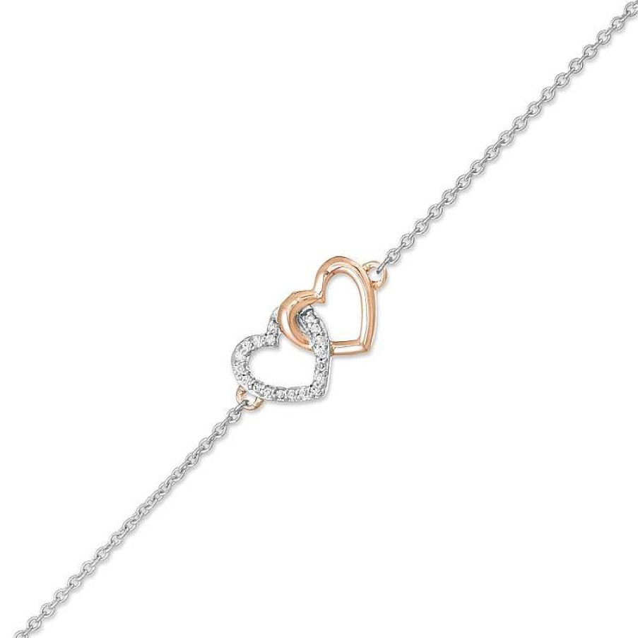 Bracelets Zales | 1/20 Ct. T.W. Diamond Interlocking Hearts Anklet In Sterling Silver And 10K Rose Gold - 10"